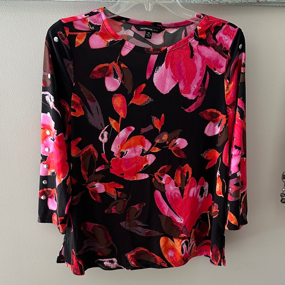 Zac & Rachel Vibrant Floral Blouse - Pink and Red on Black